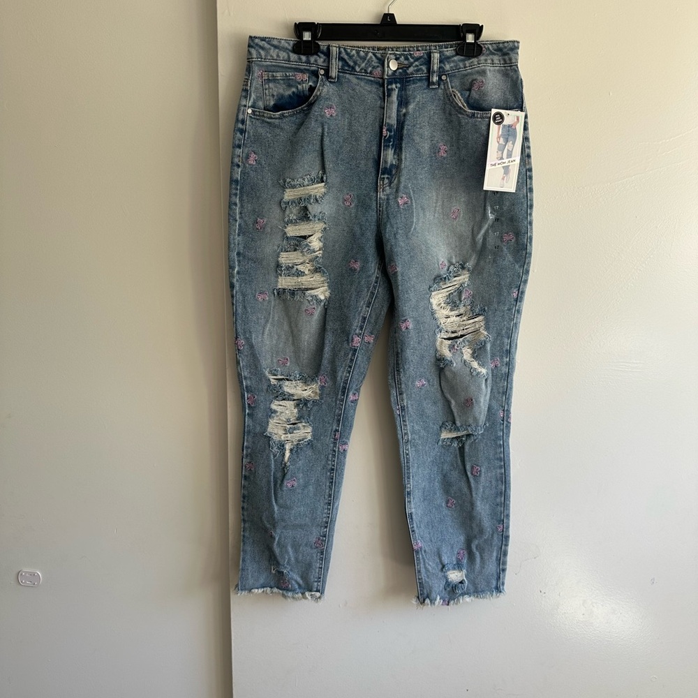 Tinseltown Light Blue Distressed The Mom Jean Jeans with Pink Floral Embroidery